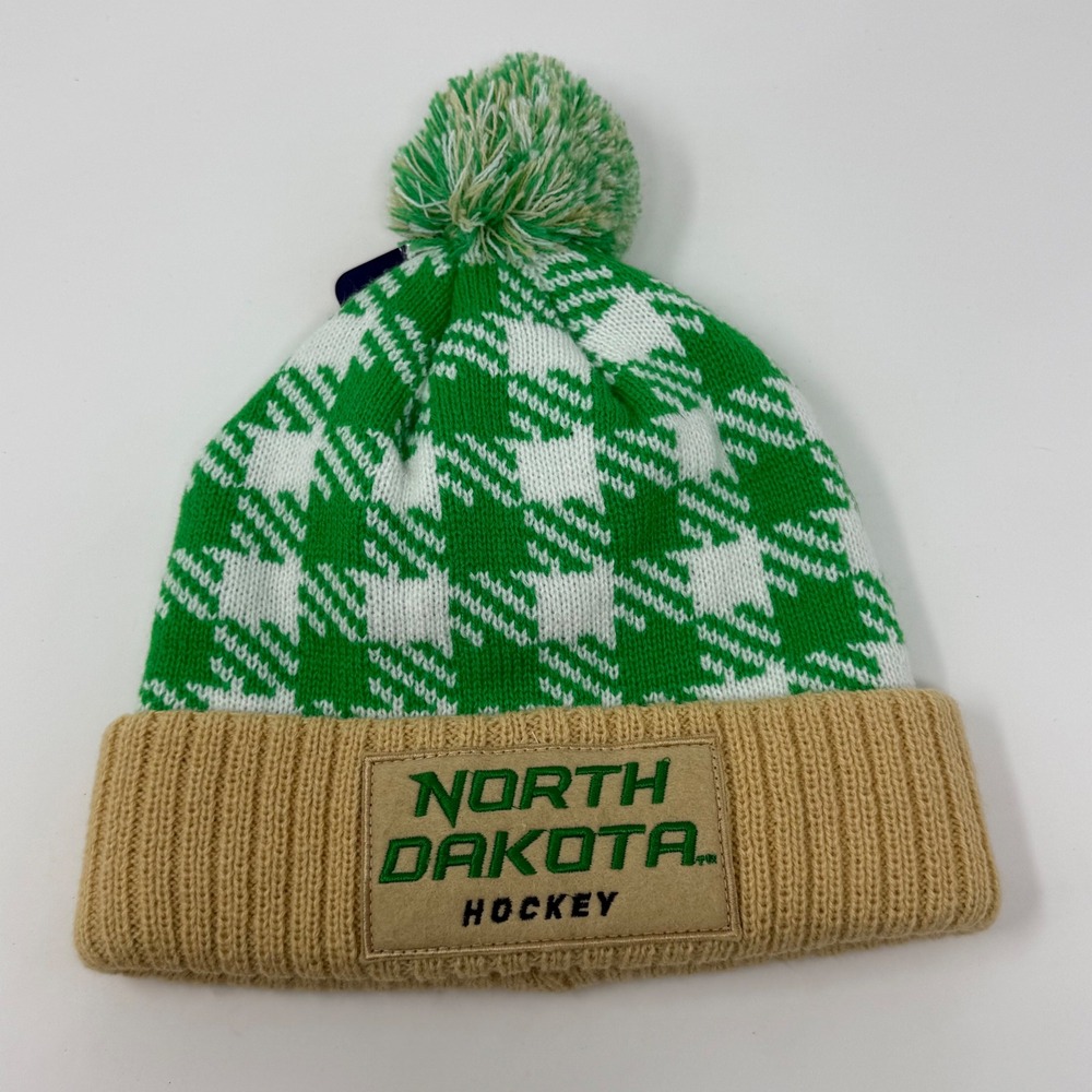 Bardown North Dakota Hockey Beanie Green White Houndstooth Pom Knit Hat OSFA NEW